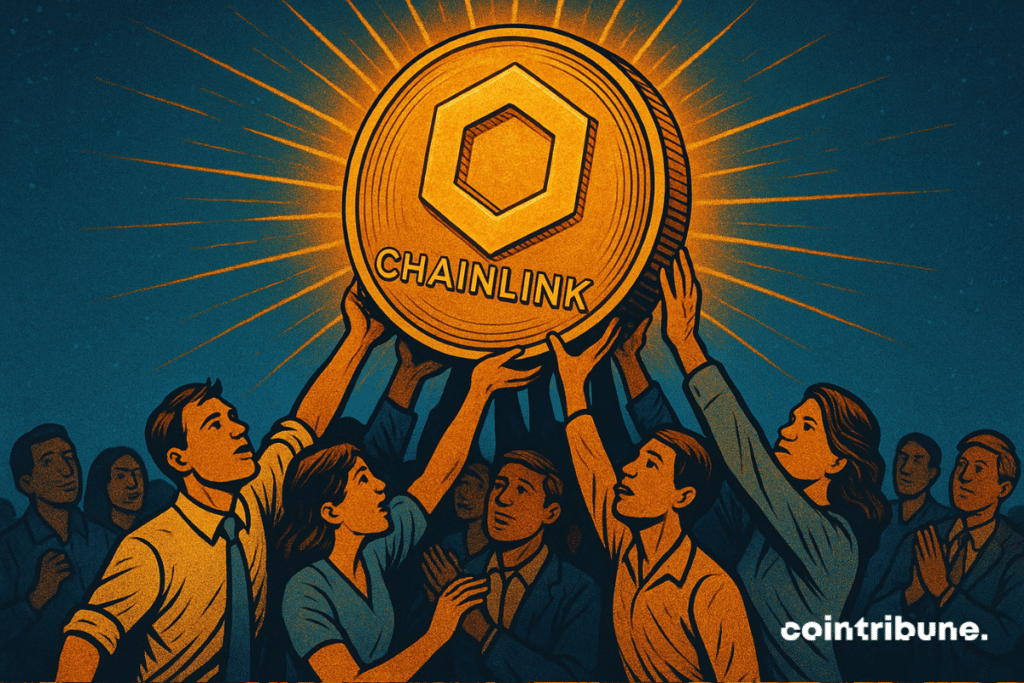 Illustration d'une foule de personnes soulevant une pièce géante et lumineuse Chainlink, symbolisant les efforts collectifs du marché pour pousser le prix de LINK à la hausse.