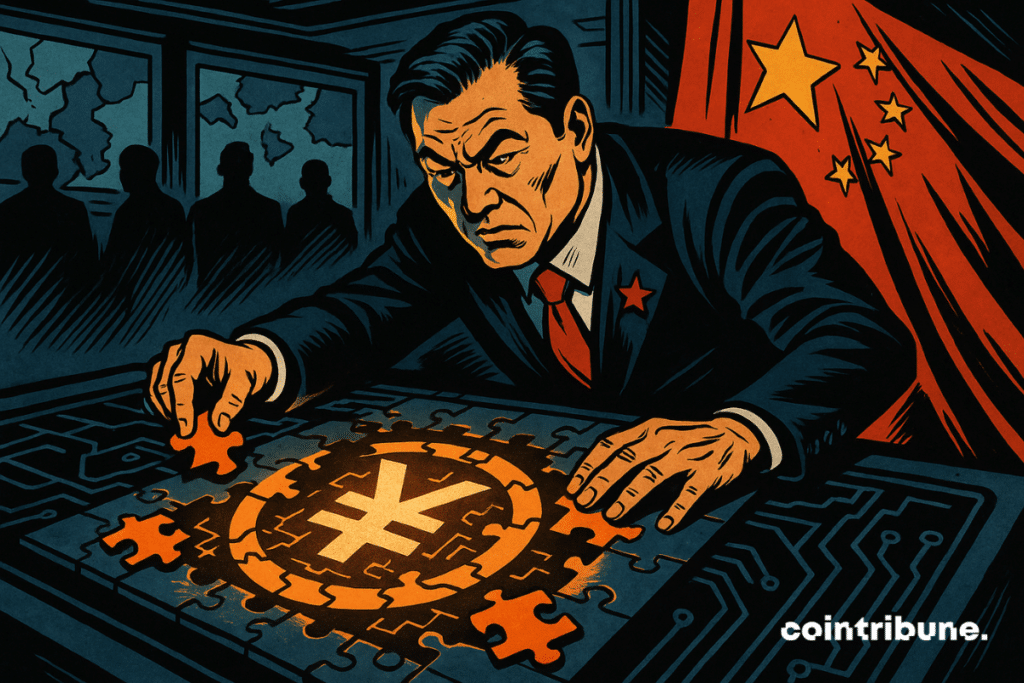 Un haut fonctionnaire de la Chine assemble un puzzle numérique lumineux en forme de stablecoins yuan, sous le regard de silhouettes mystérieuses, dans une salle de contrôle sous tension géopolitique.