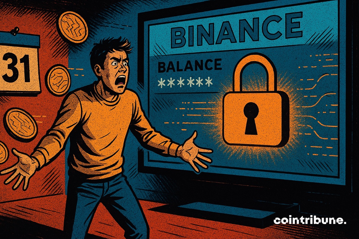 Um investidor em cripto diante de uma tela exibindo sua conta Binance bloqueada.