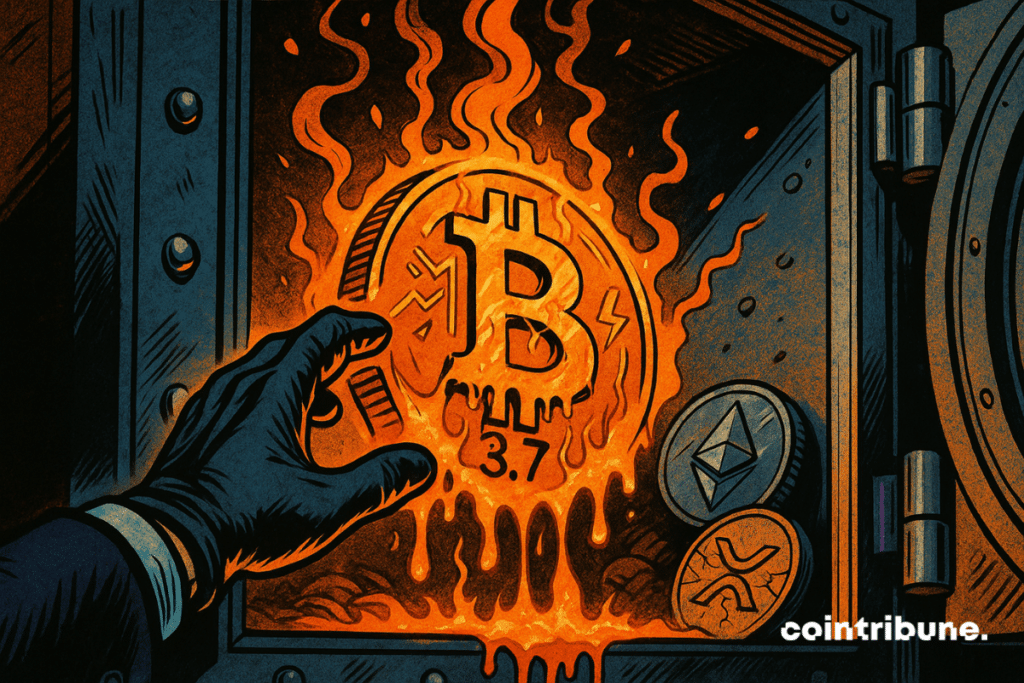 A hand grabbing melting BTC crypto from a vault