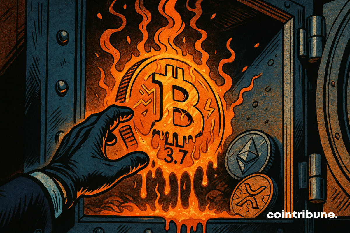 A hand grabbing melting BTC crypto from a vault