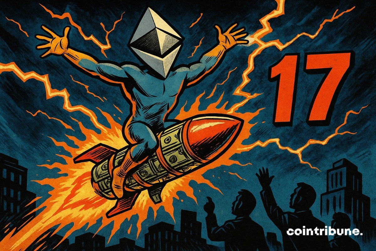 Ethereum personnifié, sur une fusée plein de dollars avec le chiffre 17 écrit au ciel. Des investisseurs crypto sous forme d’ombres l'acclament.