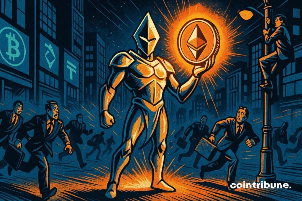 A knight in shining armor with a large, glittering Ethereum coin attracts crypto investors running towards it with briefcases full of cash.