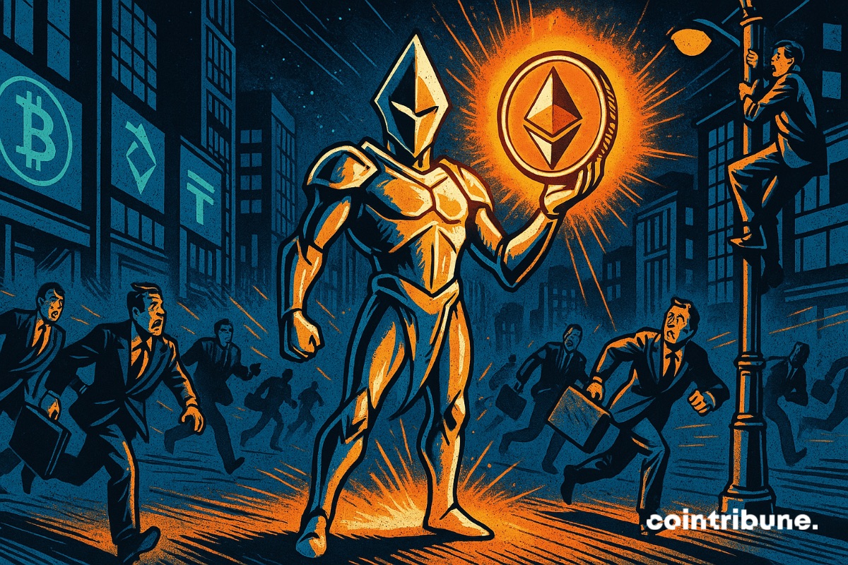 Un chevalier en armure avec une grosse pièce d’Ethereum scintillante qui attire des investisseurs crypto qui court vers elle avec des mallettes pleines d’argent.