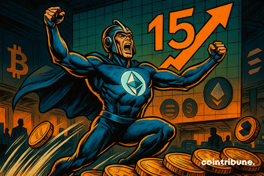 Un super-héros Ethereum sur la poitrine, les bras levés en signe de victoire. En arrière-plan, un graphique affiche une flèche orange montante avec le chiffre "15", symbolisant 15 semaines d’afflux.