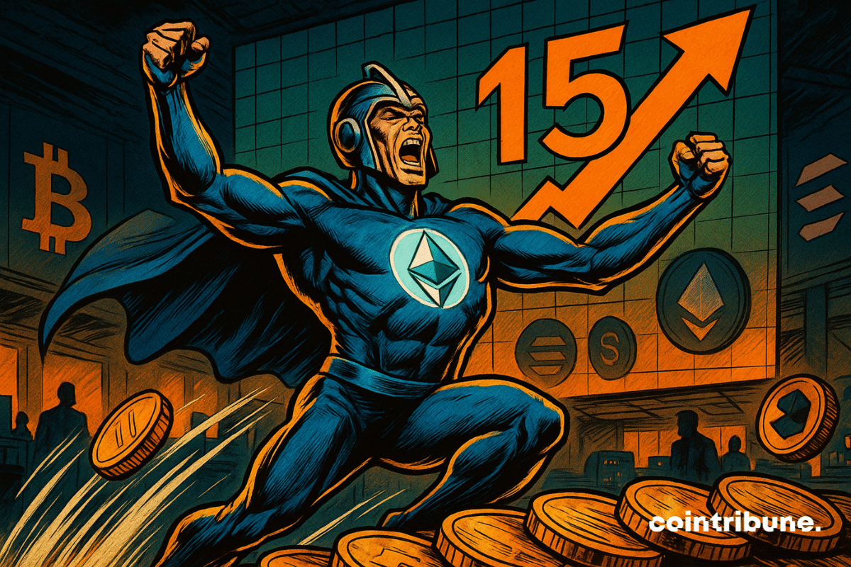 Un super-héros Ethereum sur la poitrine, les bras levés en signe de victoire. En arrière-plan, un graphique affiche une flèche orange montante avec le chiffre "15", symbolisant 15 semaines d’afflux.