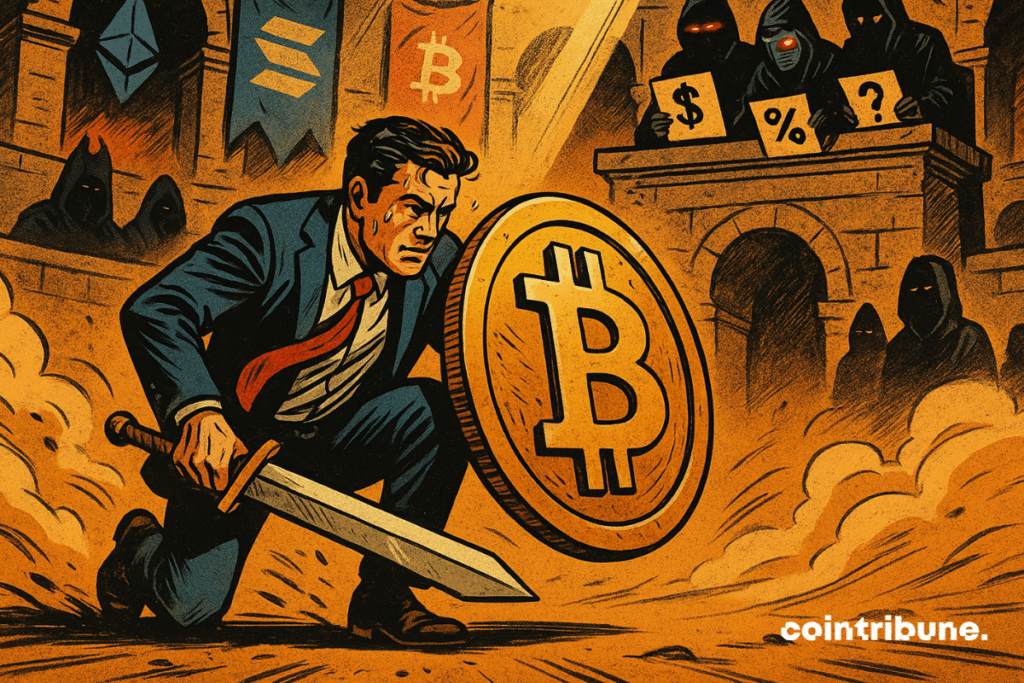 Businessman gladiator kneels with Bitcoin shield in crypto arena.