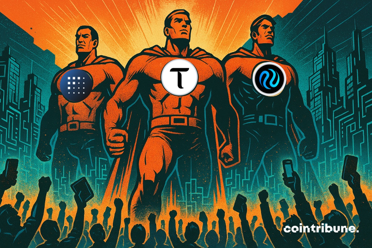 Três heróis representando criptomoedas de IA com os logotipos TAO, INJ e FET no peito. Eles são aplaudidos pela multidão.