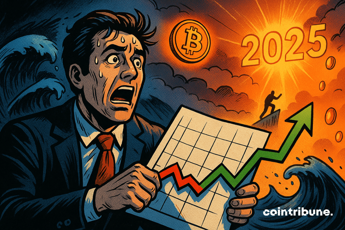 Hombre sosteniendo un gráfico de criptomonedas con una flecha ascendente, Bitcoin y “2025” brillando sobre olas tormentosas.