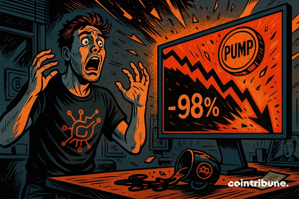 Un trader crypto fou devant un écran affichant la chute du token PUMP.