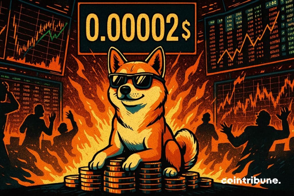 The Shiba Inu in cool mode in a burning crypto exchange and a counter that reads 0.00002 dollars.