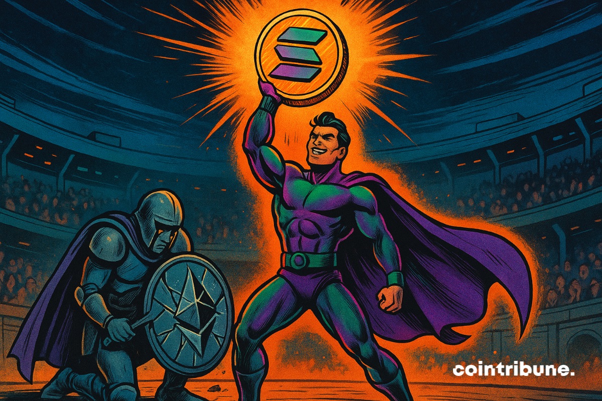 Solana as a superhero with a shiny SOL crypto coin in hand, in front of a fractured Ethereum fighter.