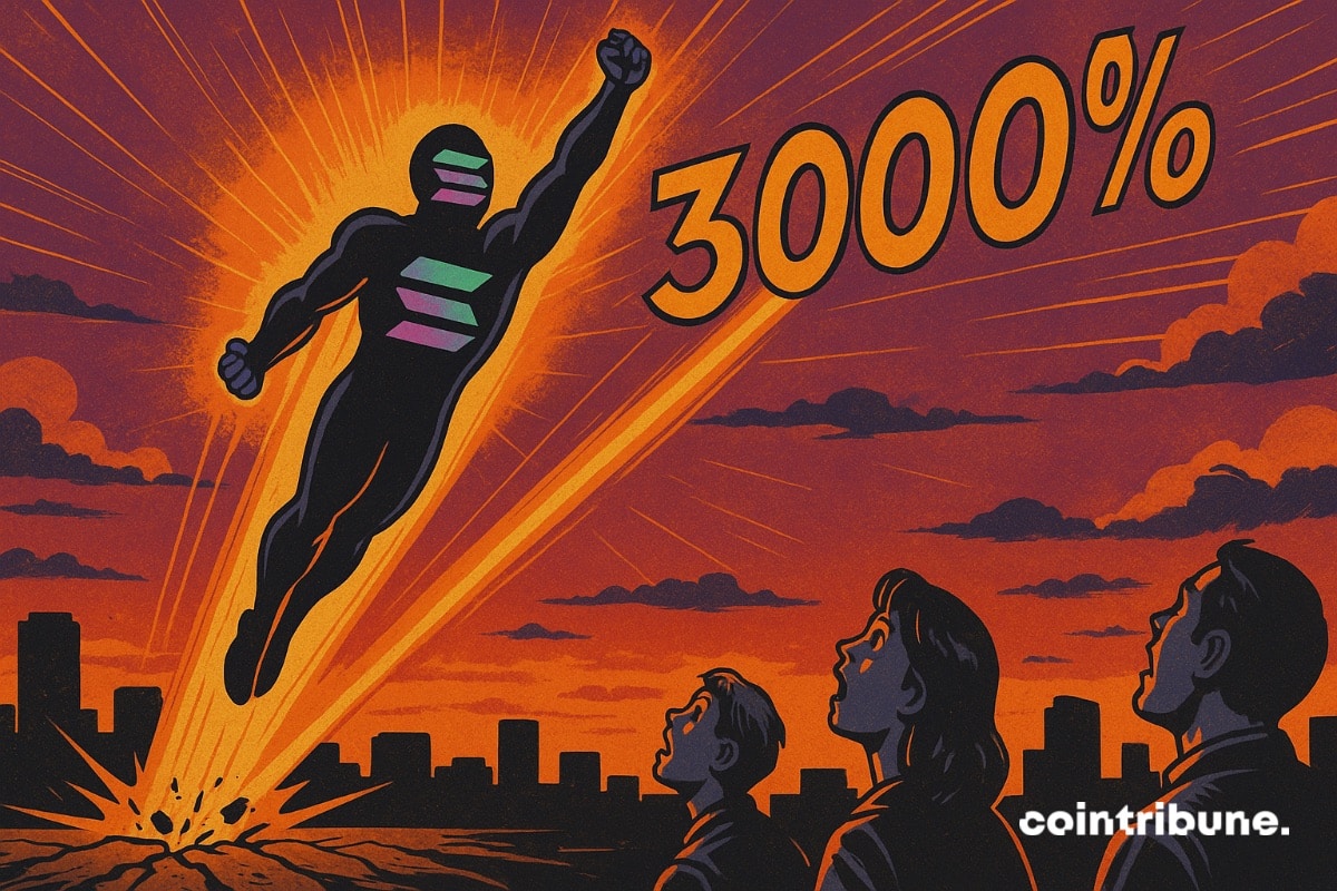Solana em forma de herói voa sob um céu exibindo 3000%, diante dos espectadores.