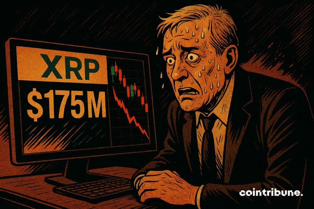Le co-fondateur de Ripple, Chris Larsen sous pression devant un écran qui affiche une transaction de 175 millions de dollars de XRP.