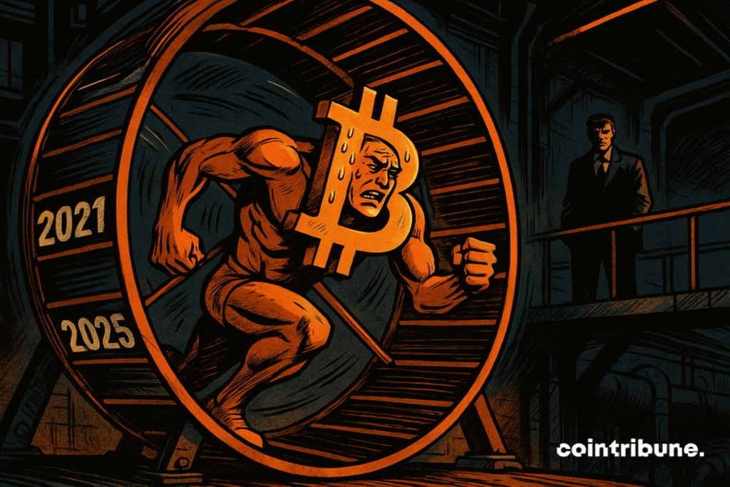 Bitcoin humanoïde épuisé court dans une roue marquée "2021-2025", observé par un PDG inquiétant dans une usine sombre.