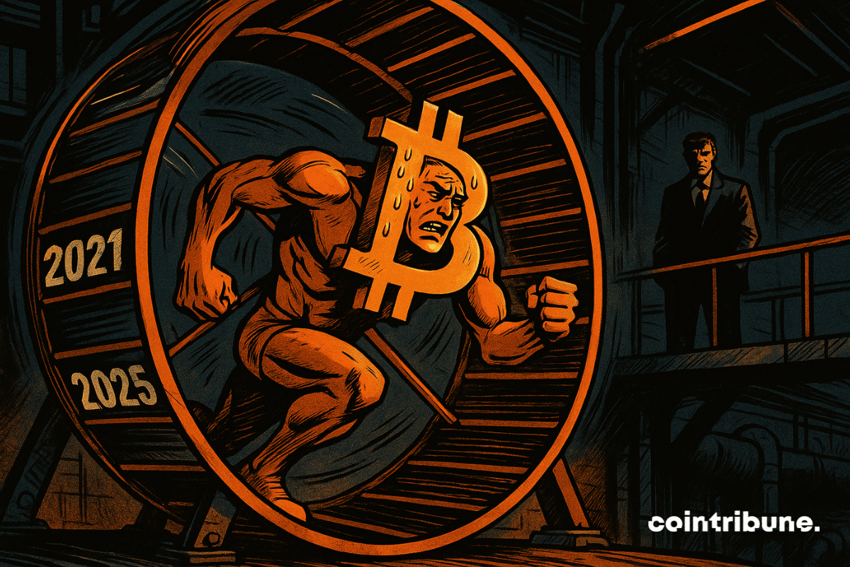 Bitcoin humanoïde épuisé court dans une roue marquée "2021-2025", observé par un PDG inquiétant dans une usine sombre.