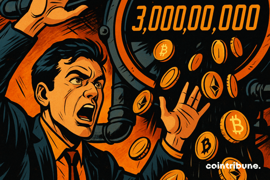 Un investisseur tente de stopper une pluie de tokens Bitcoin et Ethereum, alors que le compteur affiche une libération imminente de 3 milliards de dollars.