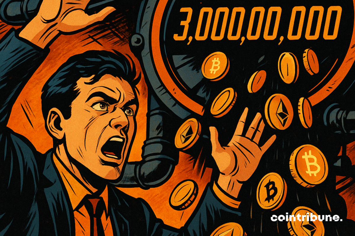 Un investisseur tente de stopper une pluie de tokens Bitcoin et Ethereum, alors que le compteur affiche une libération imminente de 3 milliards de dollars de cryptos.