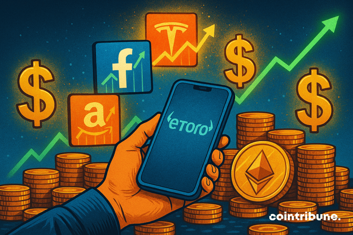 Illustration of a hand holding a smartphone with the eToro logo, surrounded by stock icons for Tesla, Amazon, and Facebook, dollar signs, Ethereum coins, and rising green arrows symbolizing tokenized stock growth.