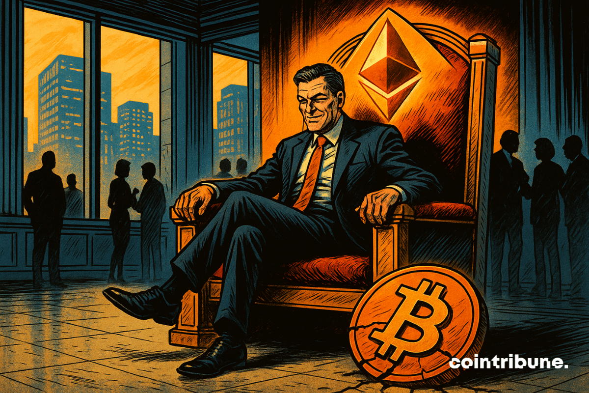 Un homme en costume trône fièrement sur un siège marqué Ethereum, tandis qu’un logo Bitcoin fissuré gît à ses pieds, dans un bureau luxueux