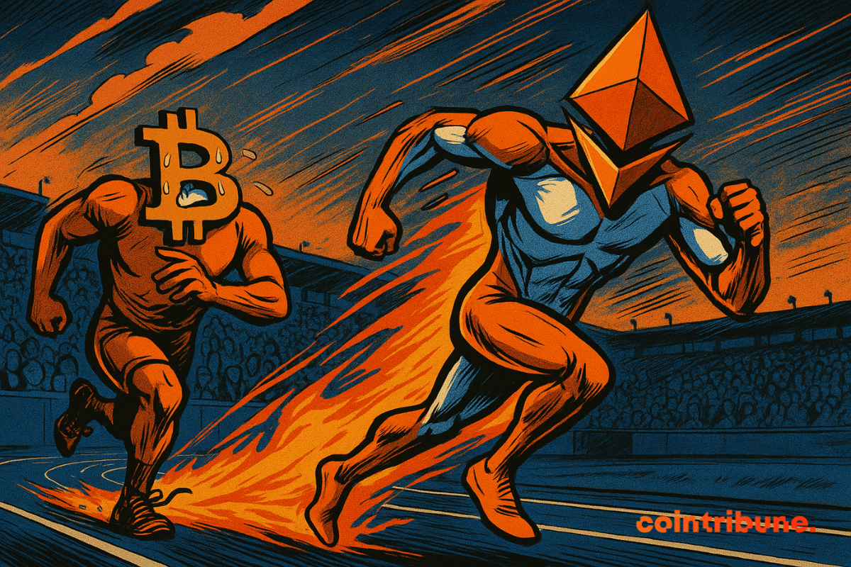 Ethereum devance un Bitcoin en difficulté dans une course comique dramatique des années 70, symbolisant la surperformance d'ETH depuis une décennie.