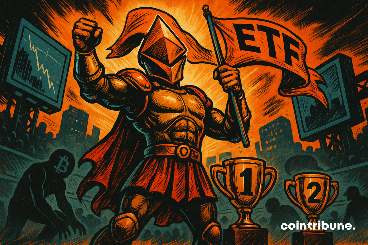 Un guerrier en armure aux couleurs d’Ethereum brandit un drapeau "ETF", triomphant dans une arène futuriste, face à un Bitcoin déchu. Deux trophées marquent ses victoires consécutives