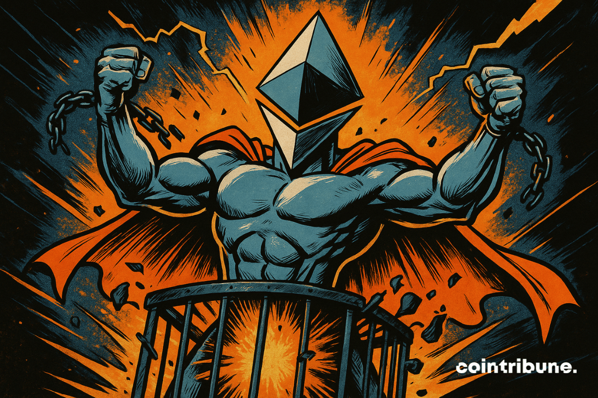 An Ethereum superhero emerges from an exploded cage, holding broken chains, radiating orange light, symbolizing liberation and the rise to ,000.