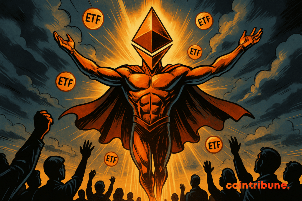 Ethereum s'élève comme un héros, brillant de mille feux tandis que les pièces ETF orbitent et qu'une foule applaudit sous un ciel dramatique.