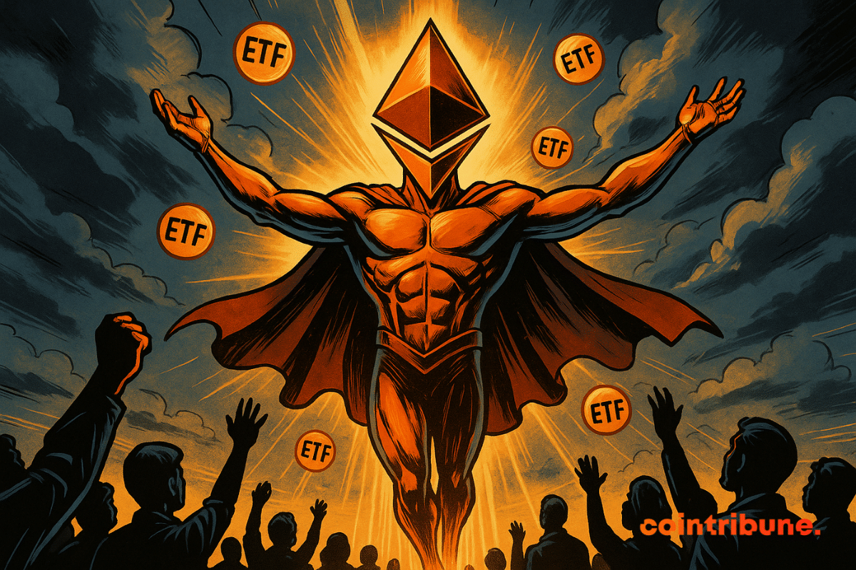 Ethereum s'élève comme un héros, brillant de mille feux tandis que les pièces ETF orbitent et qu'une foule applaudit sous un ciel dramatique.