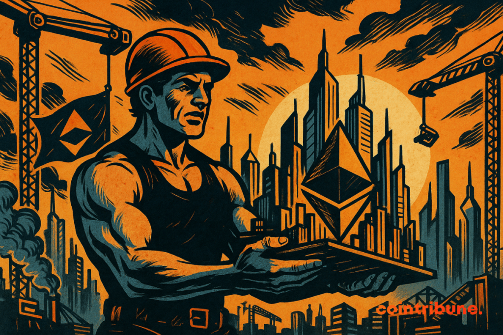 A heroic builder lifts a glowing Ethereum city as futuristic towers rise behind him, bathed in bold orange comic-book light.