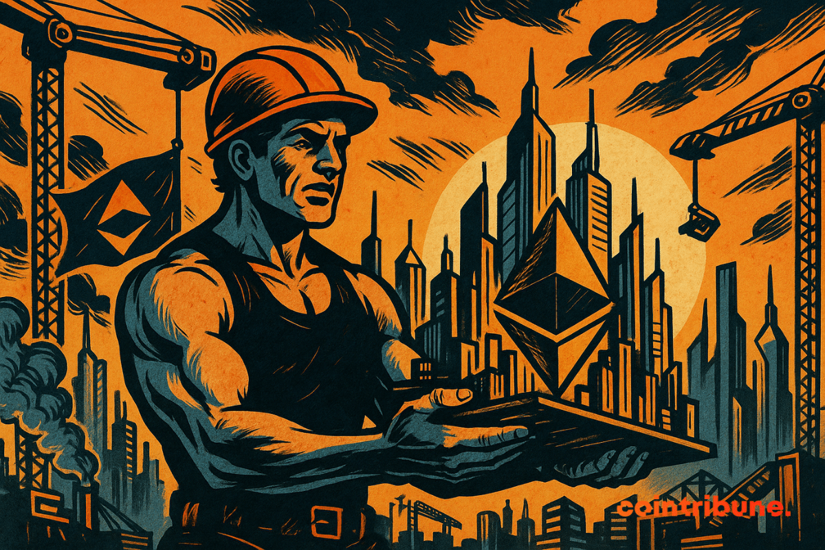 A heroic builder lifts a glowing Ethereum city as futuristic towers rise behind him, bathed in bold orange comic-book light.