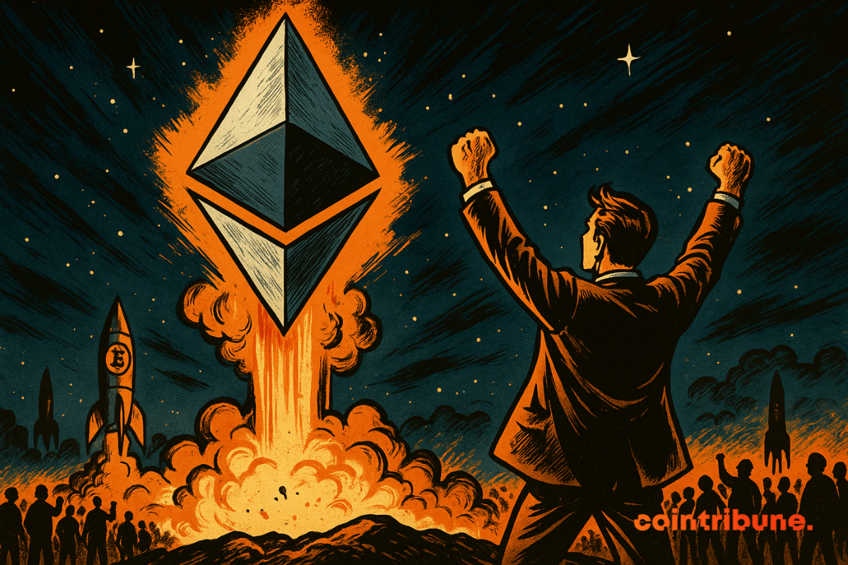 Une fusée Ethereum est lancée dans le ciel étoilé tandis que la foule regarde avec émerveillement, un commerçant applaudit dans un style de bande dessinée vintage.