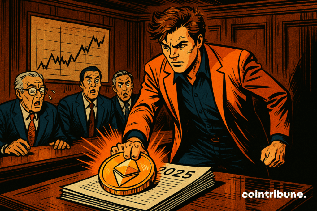 Un jeune PDG déterminé claque une pièce Ethereum sur un bilan financier, stupéfiant trois banquiers en costume. La scène évoque la confrontation entre innovation crypto et tradition de Wall Street.