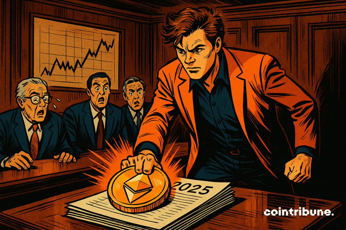 Un jeune PDG déterminé claque une pièce Ethereum sur un bilan financier, stupéfiant trois banquiers en costume. La scène évoque la confrontation entre innovation crypto et tradition de Wall Street.
