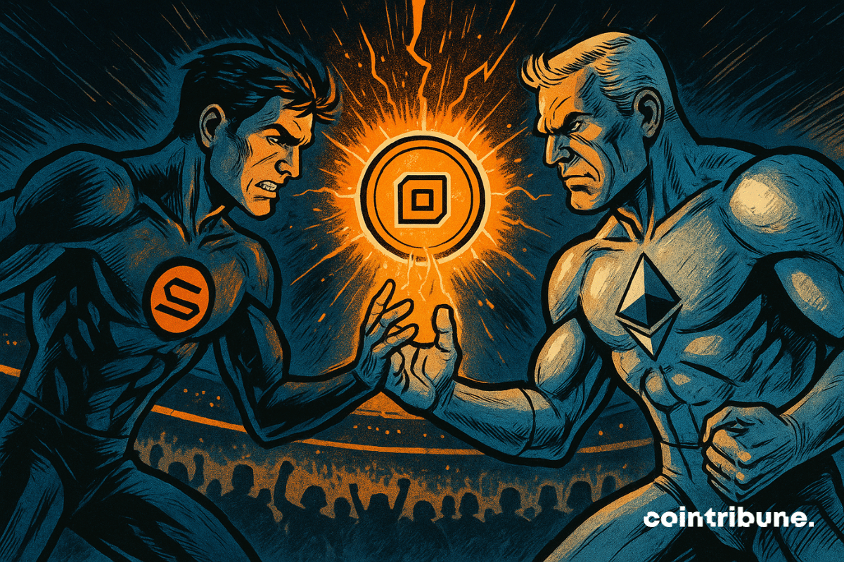 In a heated arena, Solana and Ethereum face off over a glowing tokenized asset. Their heated gazes embody the fierce rivalry between blockchains in an epic technological duel.