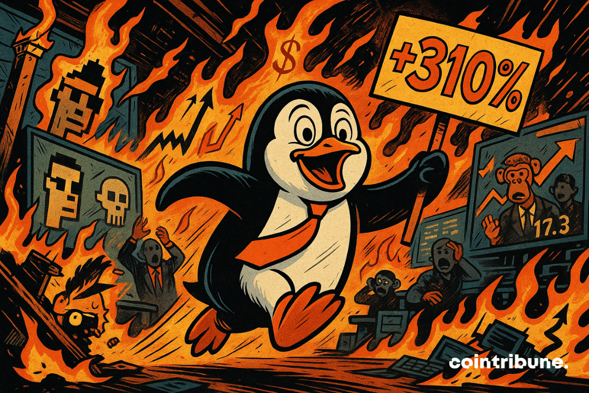 Pingouin euphorique traverse une bourse NFT en flammes