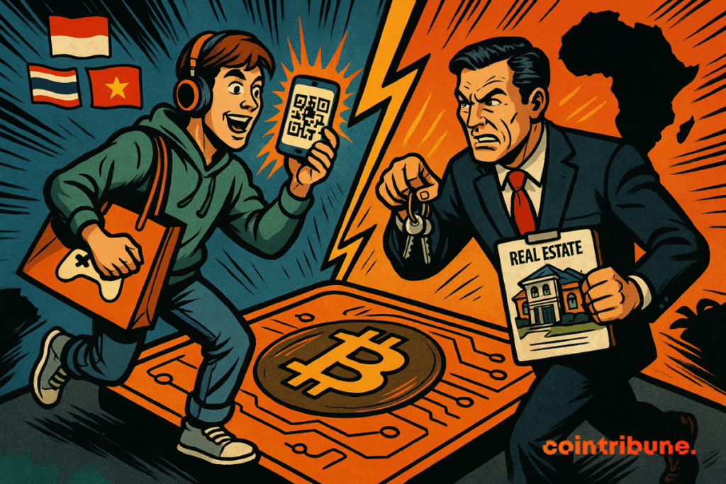 La Generación Z escanea códigos QR de criptomonedas para juegos, la Generación X tiene llaves y bienes raíces: dos mundos chocan en un Bitcoin gigante en estilo de cómic retro.
