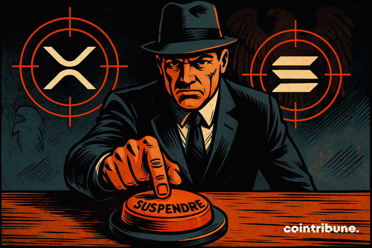 Un agent menaçant en costume appuie sur un bouton rouge "SUSPENDRE", avec les logos de Solana et XRP dans des viseurs. Ambiance sombre, style comics vintage, tension palpable.