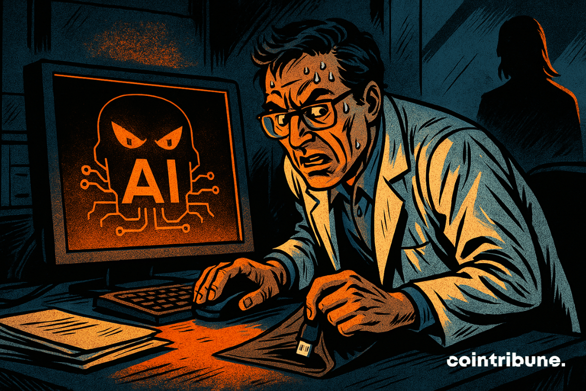 A sweaty scientist hides a USB drive while a screen displays a menacing AI. A mysterious figure watches him. Suspense, tension, and technological secrecy dominate this dramatic scene.