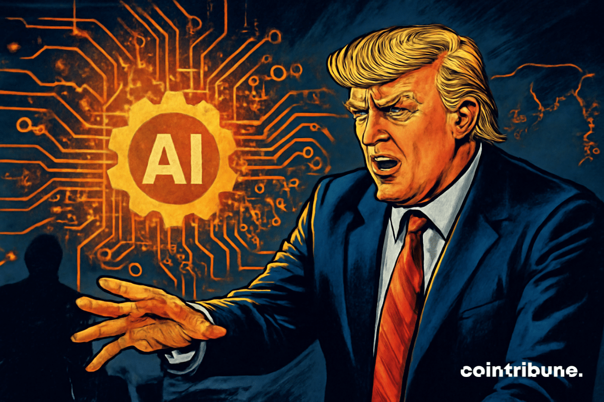 Donald Trump, en costume sombre, tend la main vers un hologramme d'IA lumineux, symbolisant une révolution technologique, entouré de circuits électroniques et de tensions géopolitiques dans une ambiance énergique