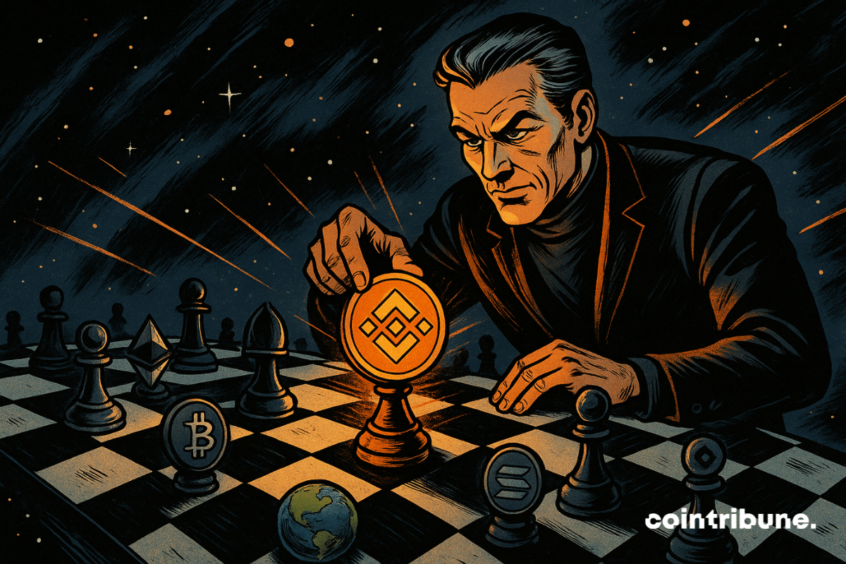 Un stratège crypto joue une pièce BNB sur un échiquier spatial