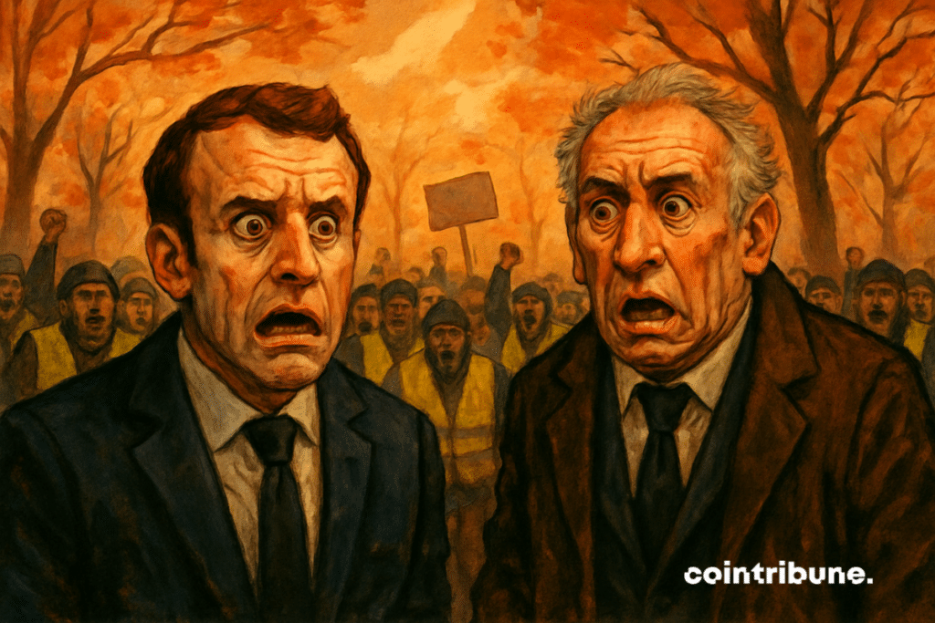 Emmanuel Macron et François Bayrou, visages terrifiés, devant une foule de manifestants des Gilets Jaunes en automne
