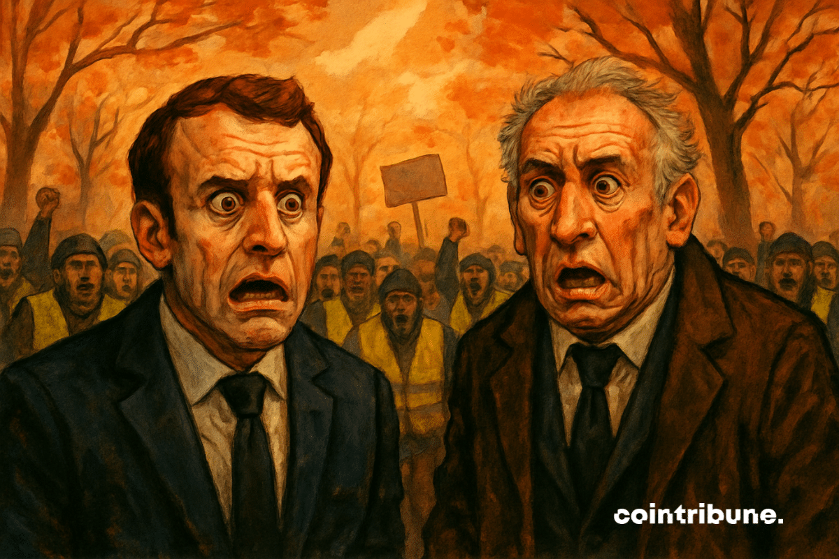 Emmanuel Macron et François Bayrou, visages terrifiés, devant une foule de manifestants des Gilets Jaunes en automne
