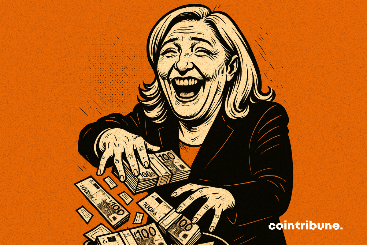Marine Le Pen en costume sombre souriant largement tout en manipulant des liasses de billets de banque.