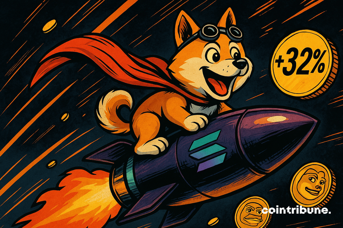 Un meme de perro en un cohete con el logo de Solana, volando junto a monedas de meme y un signo de +32%.