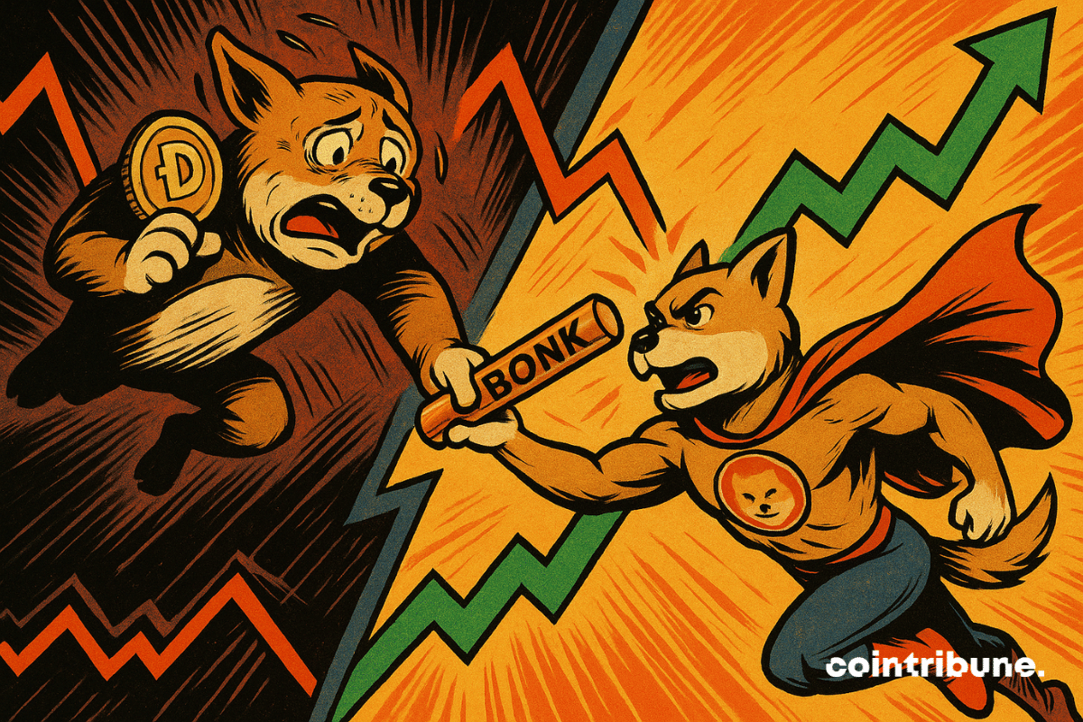 Un duel explosif entre Dogecoin en chute libre et Bonk en super-héros bondissant, illustrant la transition brutale du marché des memecoins dans un style comics nerveux et contrasté.