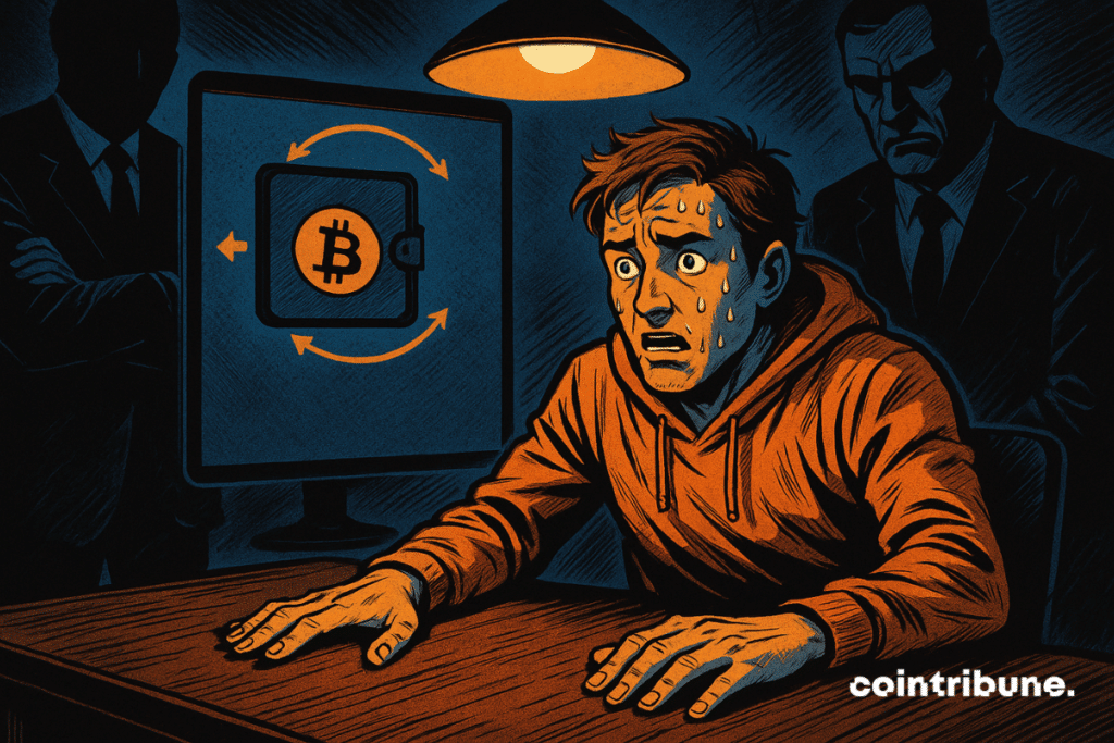 A sweaty crypto entrepreneur undergoes tense questioning under harsh lighting, surrounded by two menacing figures. On the screen, a Bitcoin wallet glows, a symbol of suspicion.
