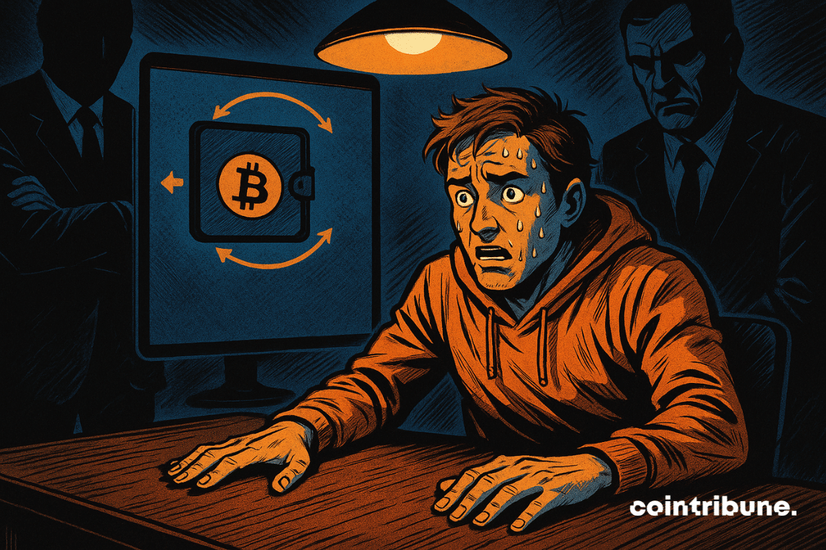 Un entrepreneur crypto en sueur subit un interrogatoire tendu sous une lumière crue, entouré de deux silhouettes menaçantes. À l’écran, un portefeuille Bitcoin brille, symbole de soupçon.