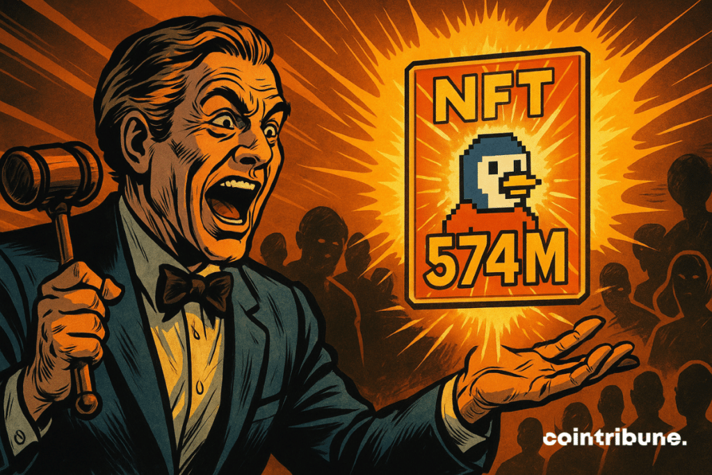 An excited auctioneer holds up a pixelated NFT to a dark crowd, illuminated by a glowing orange light. The artwork proudly displays "574M."