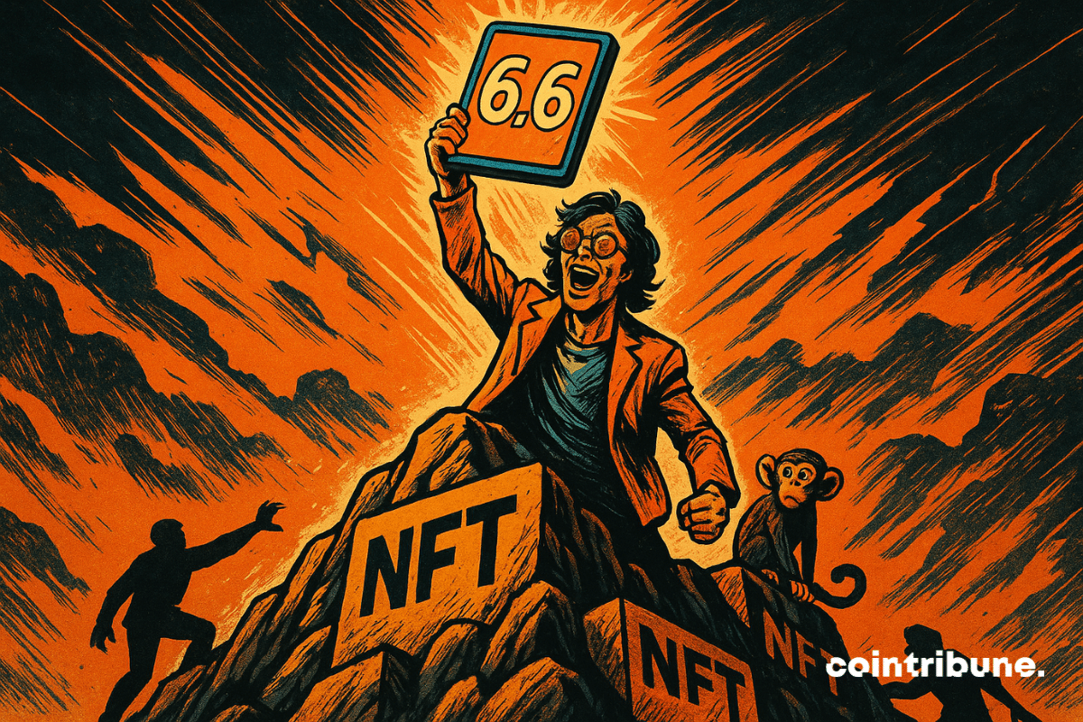 Un investisseur numérique exulte au sommet d’une montagne d’actifs NFT, brandissant une tablette affichant 6,6